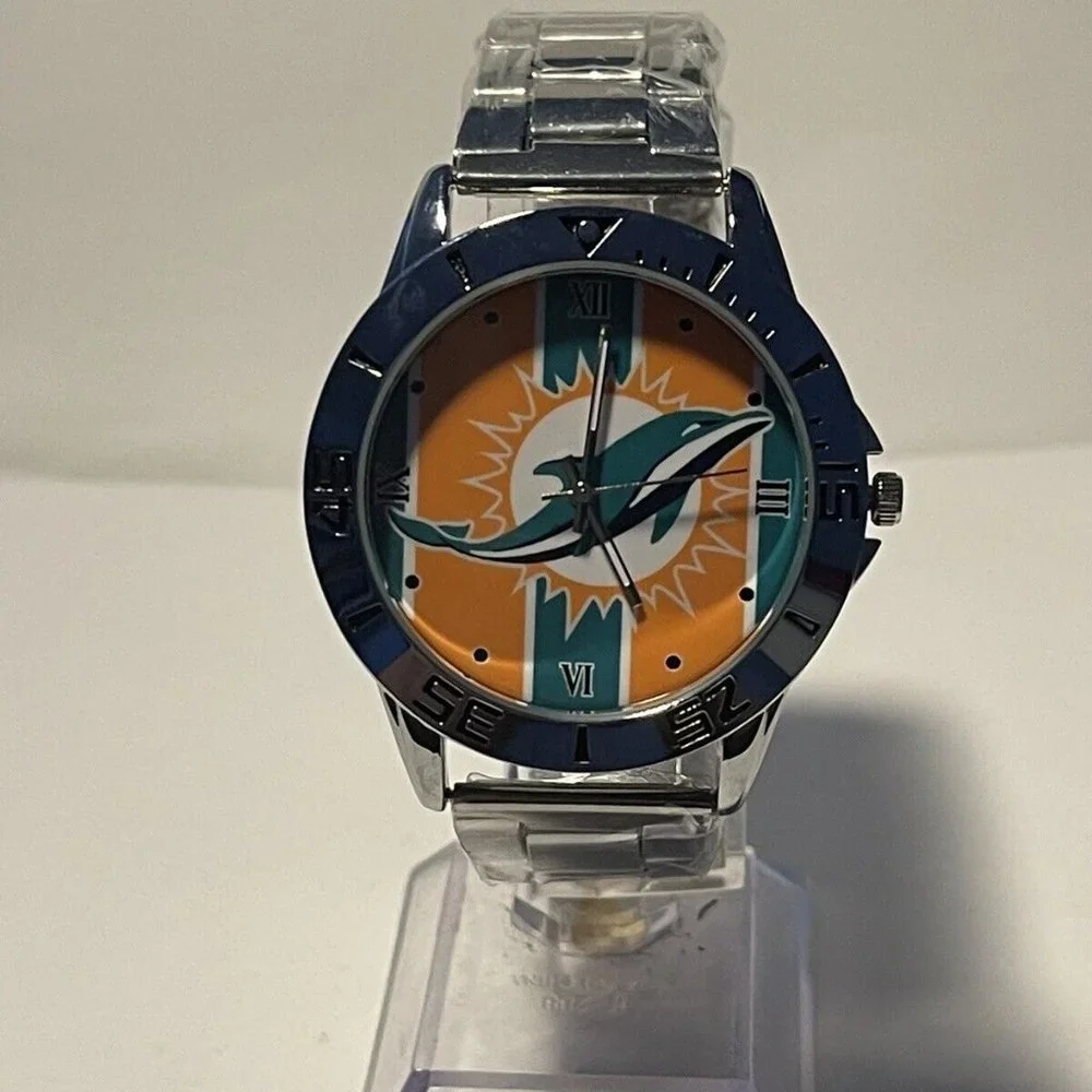 MIAMI DOLPHINS NFL Team Logo Men's Stainless-Steel Watch NEW - needs battery